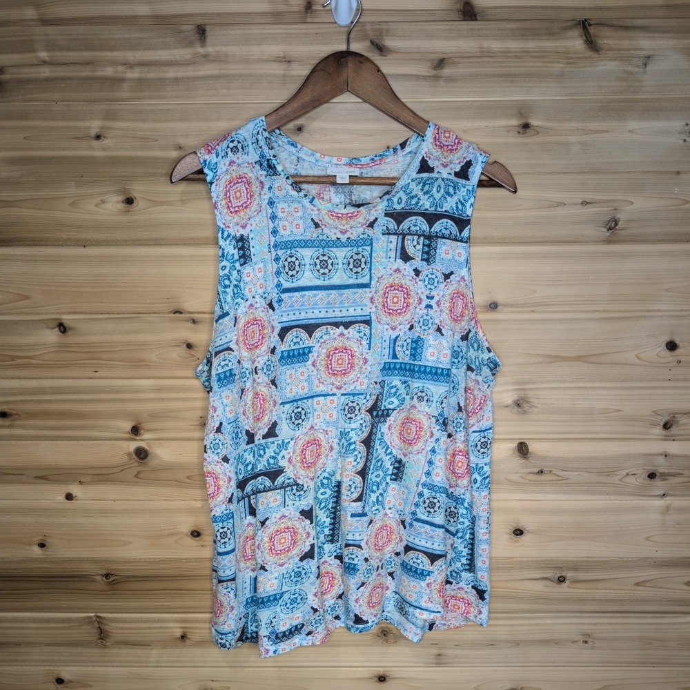J.Jill Love Linen Blue‎ Pink Mosaic Tile Print Sleeveless Tank Top Large